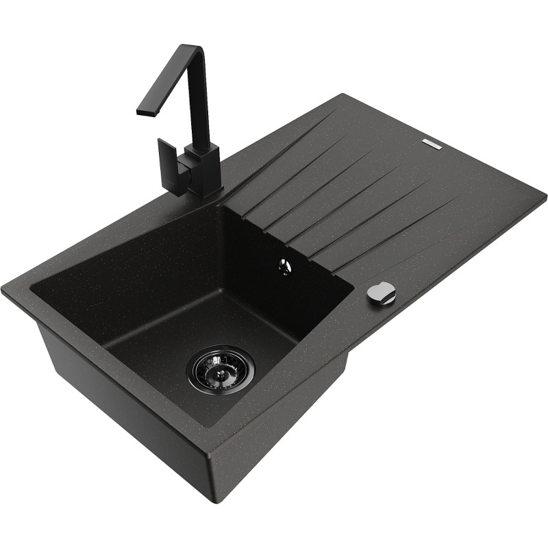 Mexen Cesar granite sink 1-bowl with drainer and kitchen faucet Rita, black/gold metallic - 6514-75-670300-70-B