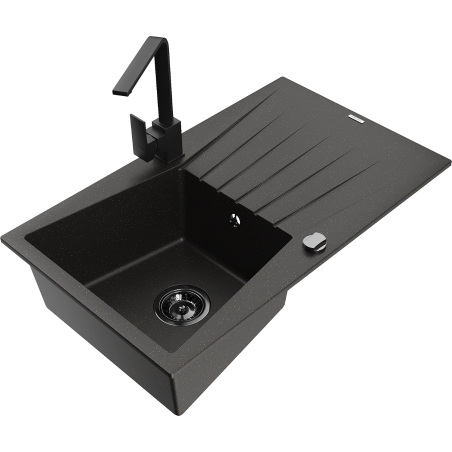 Mexen Cesar granite sink 1-bowl with drainer and kitchen faucet Rita, black/gold metallic - 6514-75-670300-70-B