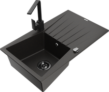 Mexen Cesar 1-compartment granite sink with a drip tray and kitchen mixer tap Rita, Black/Gold metallic - 6514-75-670300-70-B