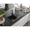 Mexen Cesar granite kitchen sink with 1 bowl, drainer, and kitchen faucet Rita, black/gold metallic - 6514-75-670300-70
