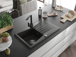 Mexen Cesar 1-compartment granite sink with a drip tray and kitchen mixer tap Rita, Black/Gold metallic - 6514-75-670300-70