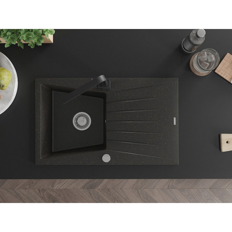 Mexen Cesar 1-bowl granite sink with drainer and Rita kitchen tap, black/gold metallic - 6514-75-670300-70