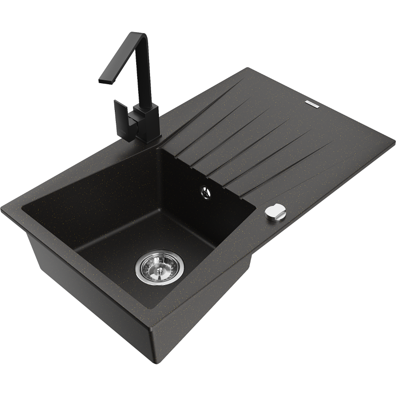 Mexen Cesar 1-compartment granite sink with a drip tray and kitchen mixer tap Rita, Black/Gold metallic - 6514-75-670300-70