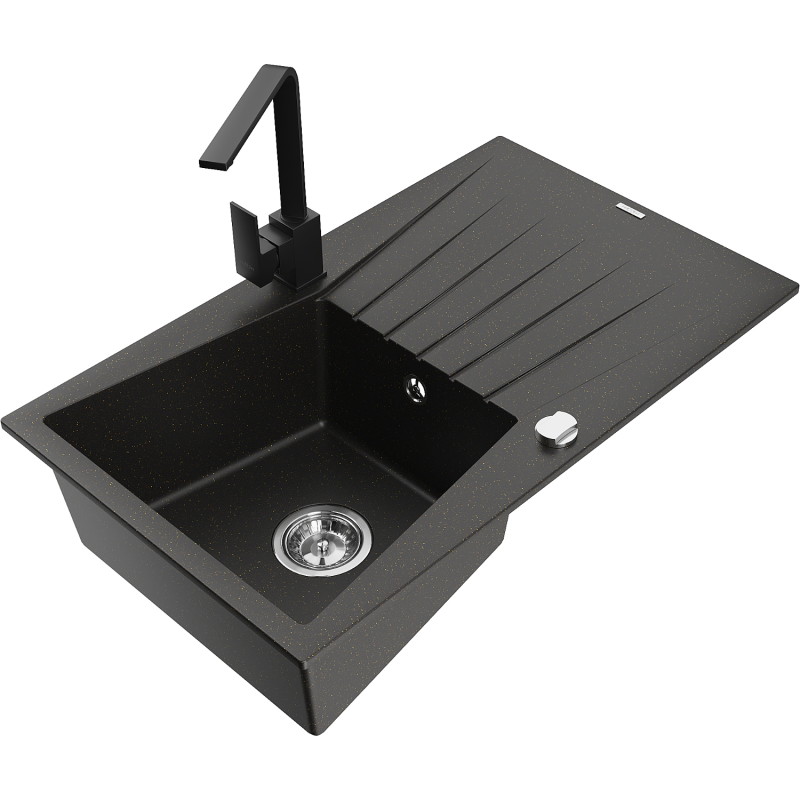 Mexen Cesar granite kitchen sink 1-bowl with drainer and kitchen faucet Rita, black/golden metallic - 6514-75-670300-70