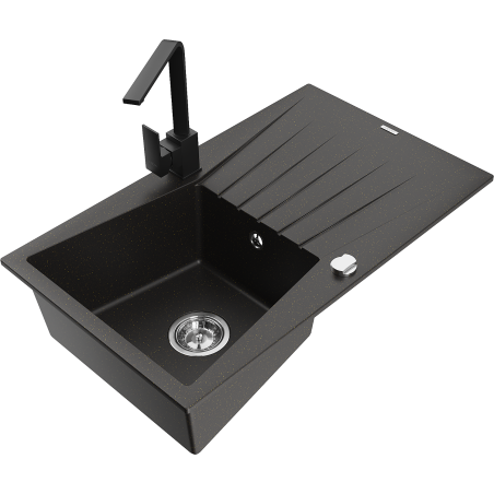 Mexen Cesar 1-compartment granite sink with a drip tray and kitchen mixer tap Rita, Black/Gold metallic - 6514-75-670300-70