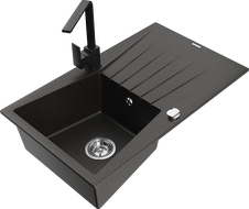 Mexen Cesar 1-bowl granite sink with drainer and Rita kitchen tap, black/gold metallic - 6514-75-670300-70