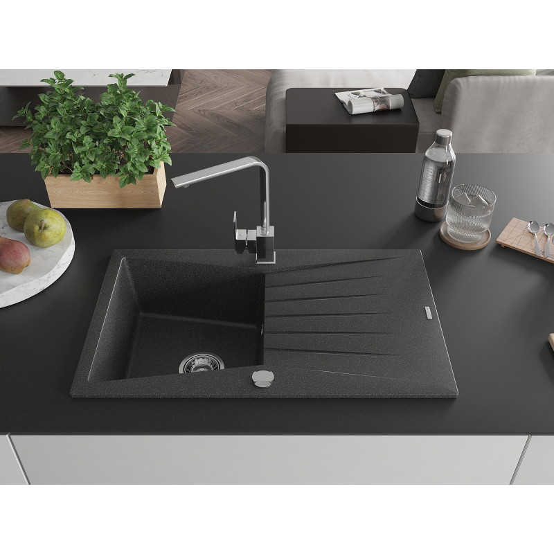 Mexen Cesar granite kitchen sink 1-bowl with drainer and kitchen faucet Rita, black speckled - 6514-76-670300-00