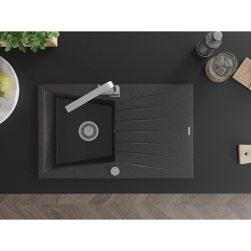 Mexen Cesar granite kitchen sink 1-bowl with drainer and kitchen faucet Rita, black speckled - 6514-76-670300-00