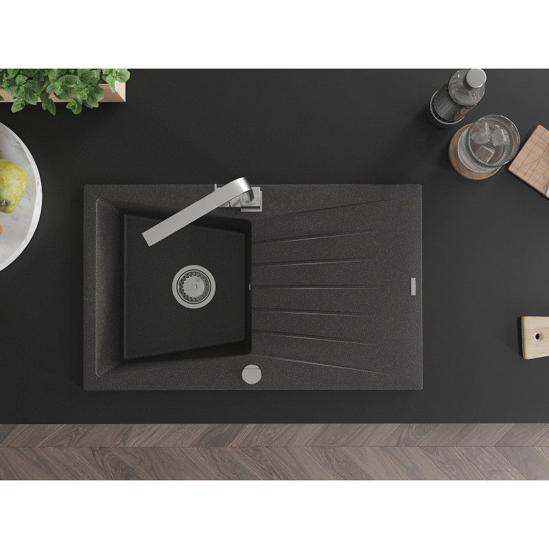Mexen Cesar granite kitchen sink 1-bowl with drainer and Rita kitchen tap, speckled black - 6514-76-670300-00