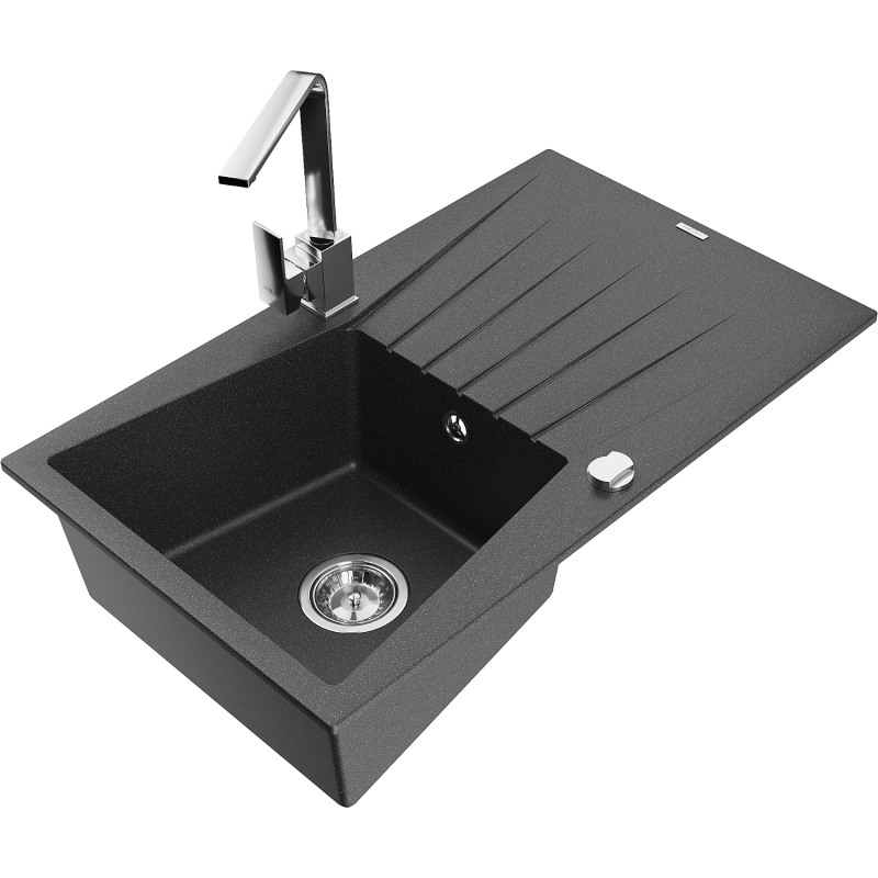 Mexen Cesar 1-compartment granite sink with a drip tray and kitchen mixer tap Rita, spotted black - 6514-76-670300-00