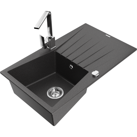 Mexen Cesar granite kitchen sink 1-bowl with drainer and kitchen faucet Rita, black speckled - 6514-76-670300-00