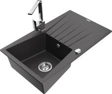 Mexen Cesar granite kitchen sink 1-bowl with drainer and kitchen faucet Rita, black speckled - 6514-76-670300-00