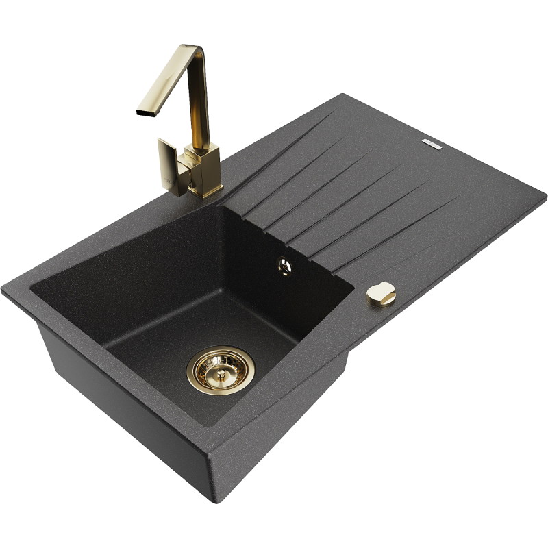 Mexen Cesar granite kitchen sink 1-bowl with drainer and kitchen faucet Rita, speckled black - 6514-76-670300-50