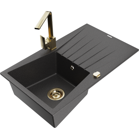 Mexen Cesar granite kitchen sink 1-bowl with drainer and kitchen faucet Rita, speckled black - 6514-76-670300-50
