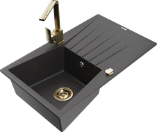 Mexen Cesar 1-bowl granite sink with drainer and Rita kitchen tap, black speckled - 6514-76-670300-50