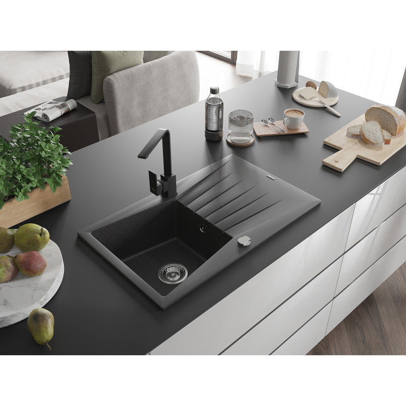 Mexen Cesar granite kitchen sink with 1 basin, drainer, and Rita kitchen faucet, speckled black - 6514-76-670300-70