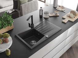 Mexen Cesar granite kitchen sink 1-bowl with drainer and kitchen faucet Rita, black speckled - 6514-76-670300-70