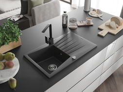 Mexen Cesar granite sink single-bowl with drainer and Rita kitchen tap, black speckled - 6514-76-670300-70