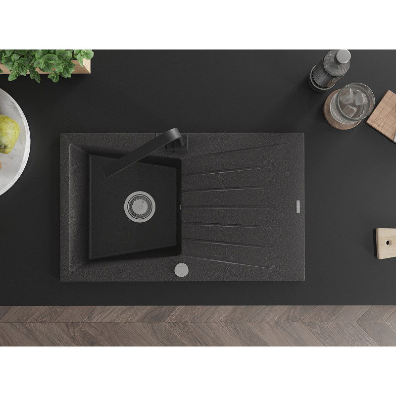 Mexen Cesar granite sink single-bowl with drainer and Rita kitchen tap, black speckled - 6514-76-670300-70
