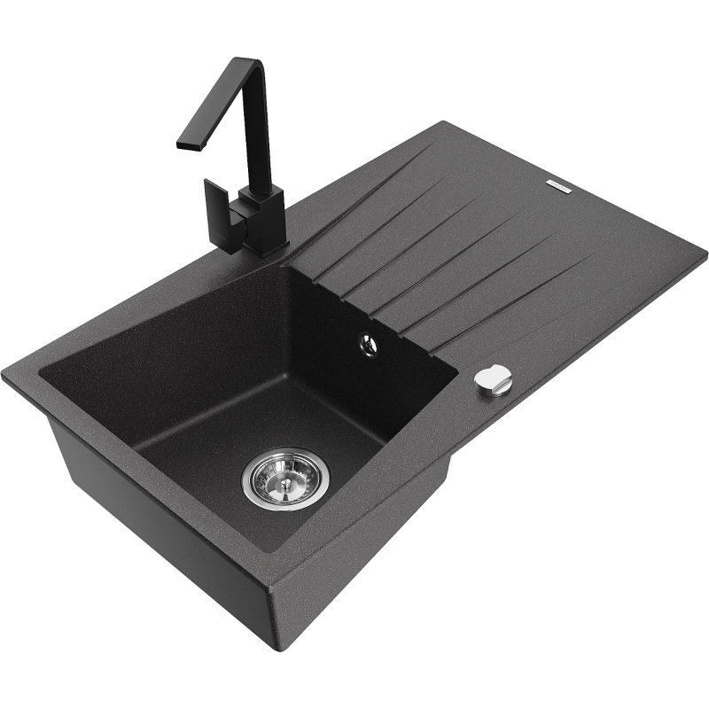 Mexen Cesar 1-compartment granite sink with a drip tray and kitchen mixer tap Rita, spotted black - 6514-76-670300-70