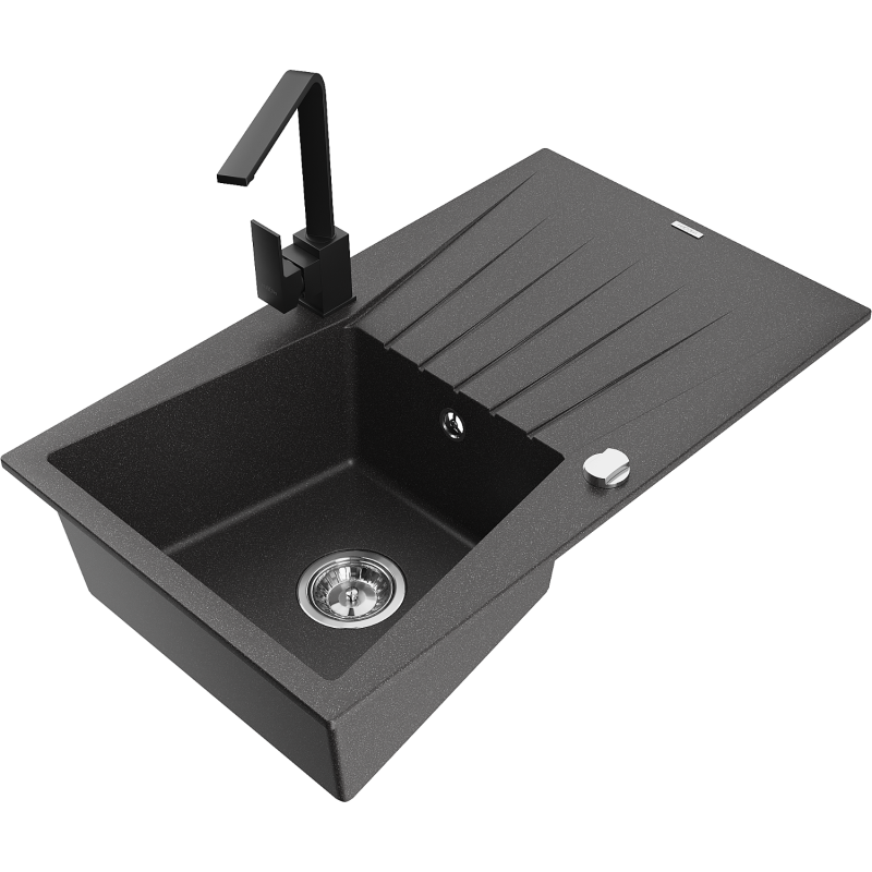 Mexen Cesar granite sink single-bowl with drainer and Rita kitchen tap, black speckled - 6514-76-670300-70