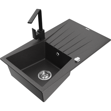 Mexen Cesar granite kitchen sink 1-bowl with drainer and kitchen faucet Rita, black speckled - 6514-76-670300-70