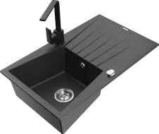 Mexen Cesar granite sink single-bowl with drainer and Rita kitchen tap, black speckled - 6514-76-670300-70