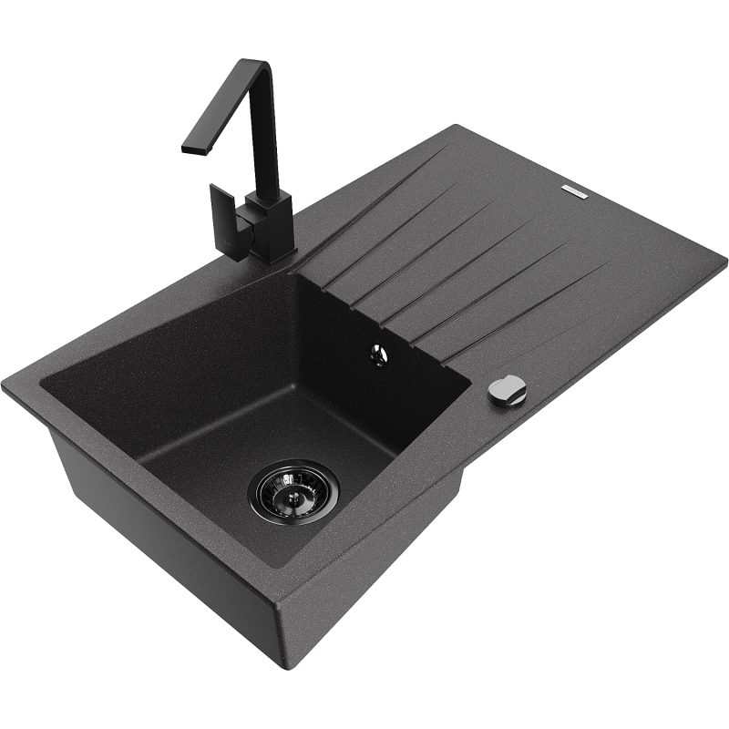 Mexen Cesar 1-compartment granite sink with a drip tray and kitchen mixer tap Rita, spotted black - 6514-76-670300-70-B