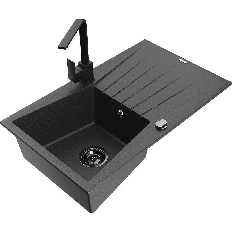 Mexen Cesar granite kitchen sink 1-bowl with drainboard and kitchen faucet Rita, black speckled - 6514-76-670300-70-B