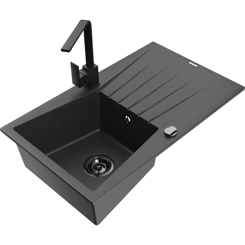 Mexen Cesar single-bowl granite sink with drainer and Rita kitchen tap, black speckled - 6514-76-670300-70-B