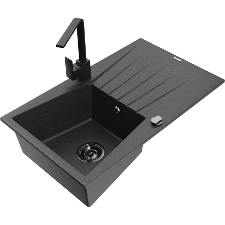 Mexen Cesar 1-bowl granite sink with drainer and kitchen faucet Rita, black speckled - 6514-76-670300-70-B