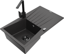 Mexen Cesar single-bowl granite sink with drainer and Rita kitchen tap, black speckled - 6514-76-670300-70-B