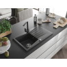 Mexen Cesar granite 1-bowl kitchen sink with drainer and kitchen faucet Rita, black speckled - 6514-76-670300-76