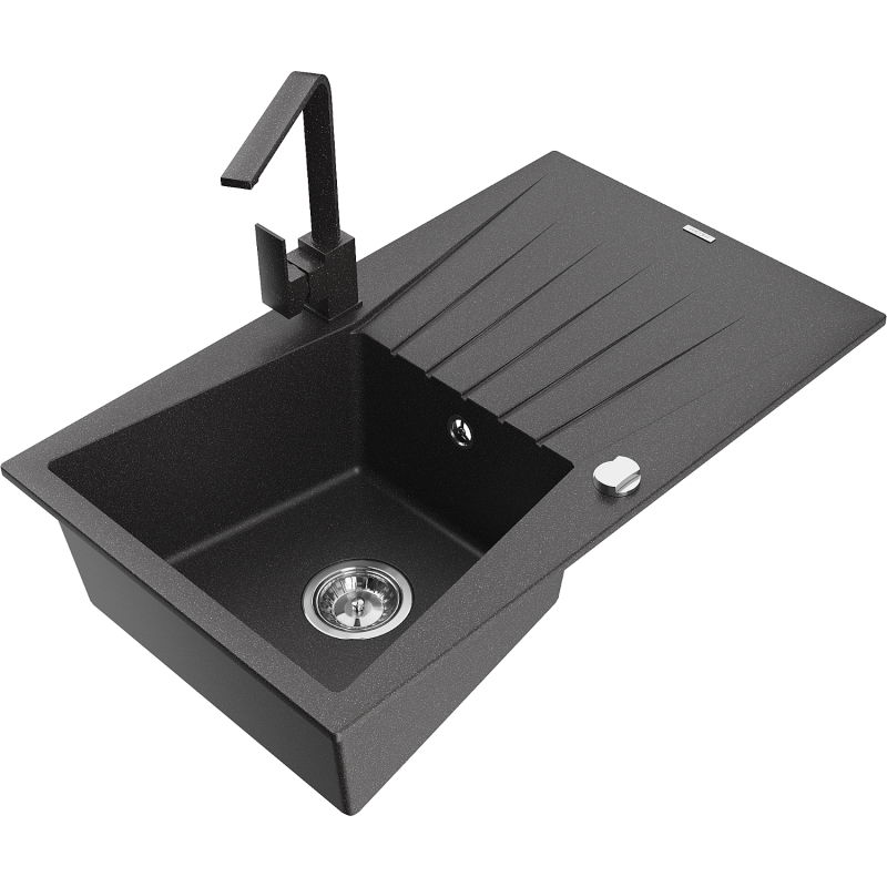 Mexen Cesar 1-compartment granite sink with a drip tray and kitchen mixer tap Rita, spotted black - 6514-76-670300-76