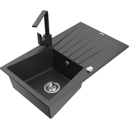 Mexen Cesar granite 1-bowl kitchen sink with drainer and kitchen faucet Rita, black speckled - 6514-76-670300-76