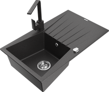 Mexen Cesar granite single-bowl sink with drainer and kitchen faucet Rita, black speckled - 6514-76-670300-76