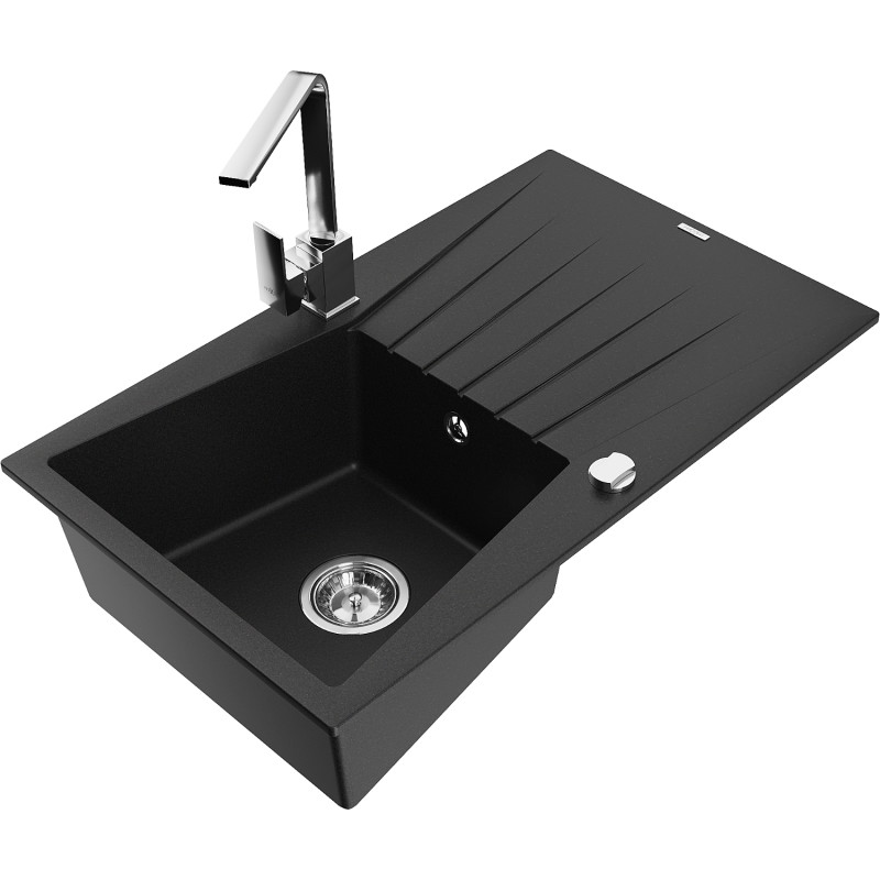 Mexen Cesar 1-bowl granite sink with drainer and kitchen faucet Rita, black - 6514-77-670300-00