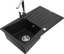 Mexen Cesar granite sink single bowl with drainer and Rita kitchen faucet, black - 6514-77-670300-00