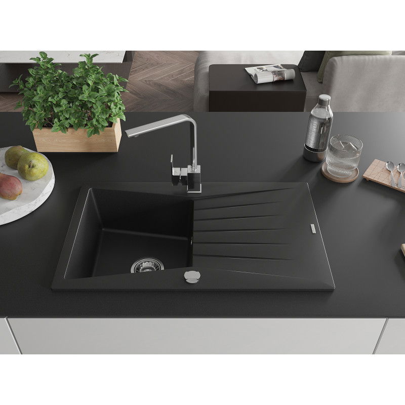 Mexen Cesar 1-bowl granite sink with drainer and Rita kitchen tap, black - 6514-77-670300-00