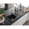 Mexen Cesar granite sink single bowl with drainer and Rita kitchen faucet, black - 6514-77-670300-00