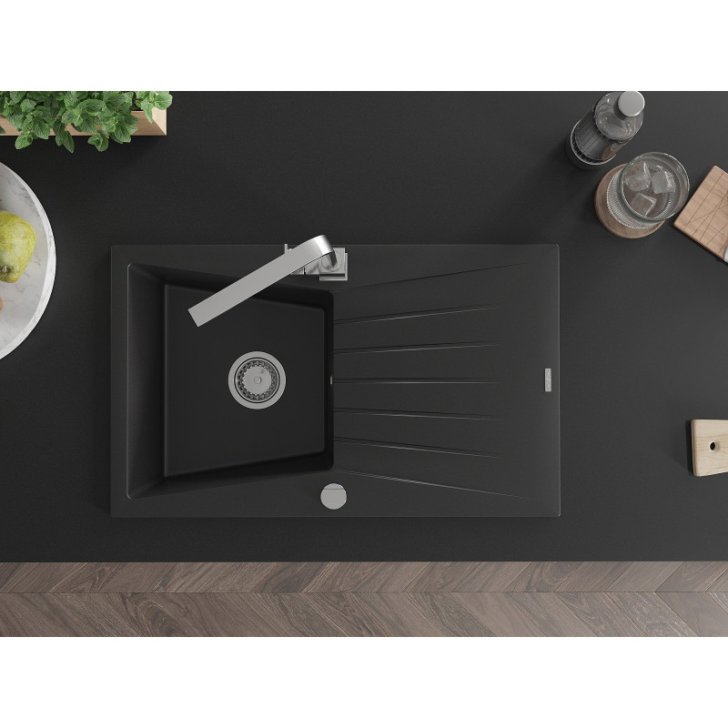 Mexen Cesar 1-bowl granite sink with drainer and kitchen faucet Rita, black - 6514-77-670300-00