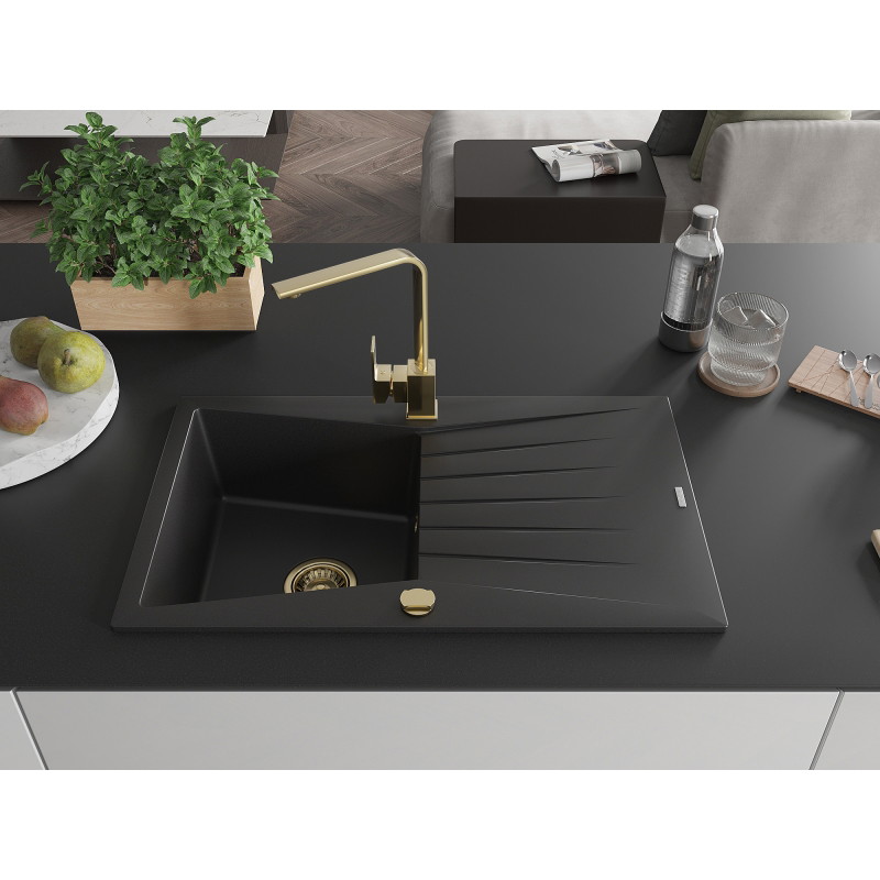 Mexen Cesar granite kitchen sink 1-bowl with drainer and kitchen faucet Rita, black - 6514-77-670300-50