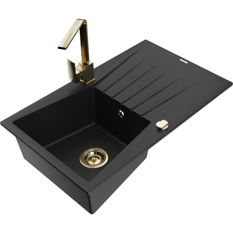 Mexen Cesar granite kitchen sink single bowl with drainer and Rita kitchen faucet, black - 6514-77-670300-50