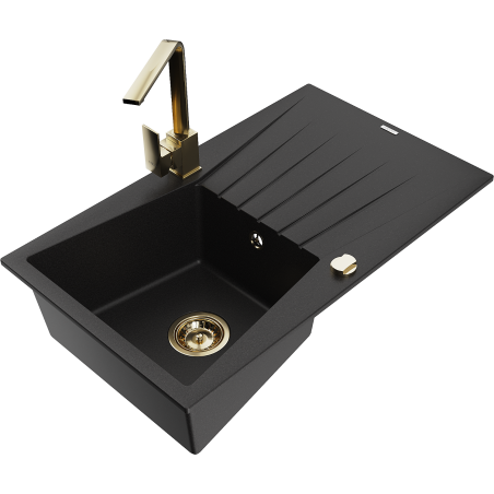 Mexen Cesar granite kitchen sink single bowl with drainer and Rita kitchen faucet, black - 6514-77-670300-50