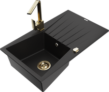 Mexen Cesar granite kitchen sink 1-bowl with drainer and kitchen faucet Rita, black - 6514-77-670300-50