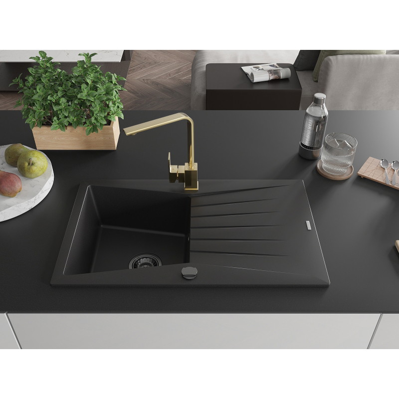 Mexen Cesar granite 1-bowl sink with drainer and Rita kitchen faucet, black - 6514-77-670300-50-B