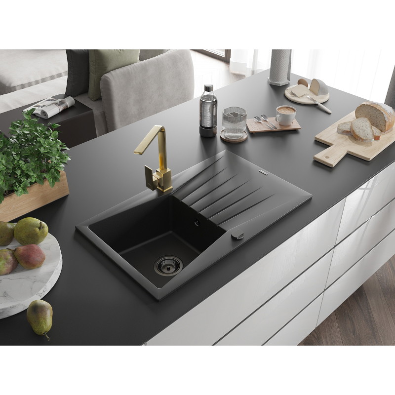 Mexen Cesar granite kitchen sink 1-bowl with drainer and Rita kitchen faucet, black - 6514-77-670300-50-B