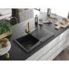 Mexen Cesar granite 1-bowl sink with drainer and Rita kitchen faucet, black - 6514-77-670300-50-B