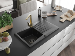 Mexen Cesar granite kitchen sink 1-bowl with drainer and Rita kitchen faucet, black - 6514-77-670300-50-B