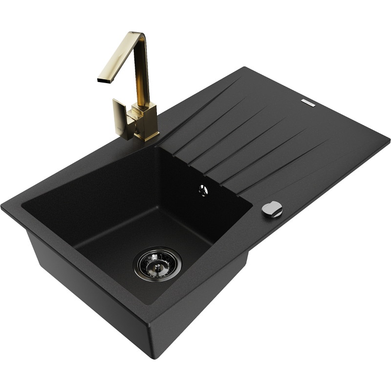 Mexen Cesar granite kitchen sink 1-bowl with drainer and Rita kitchen faucet, black - 6514-77-670300-50-B